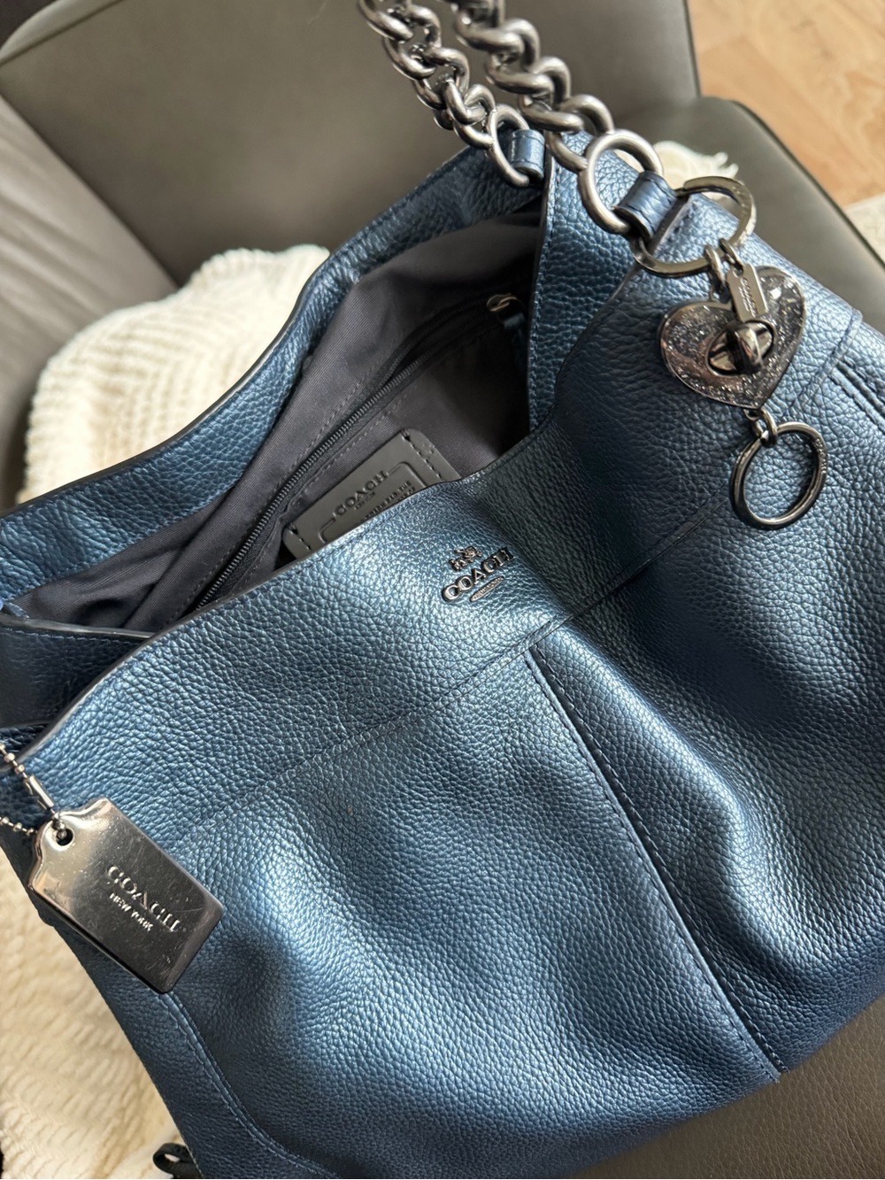 Coach Blue (metallic) Leather Shoulder Bag with Braided Handles - Picture 10 of 11